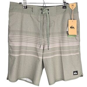 Quiksilver Mens Board Shorts Green Gray Stripe Swim Trunks Sz 30 9.5" Inseam New